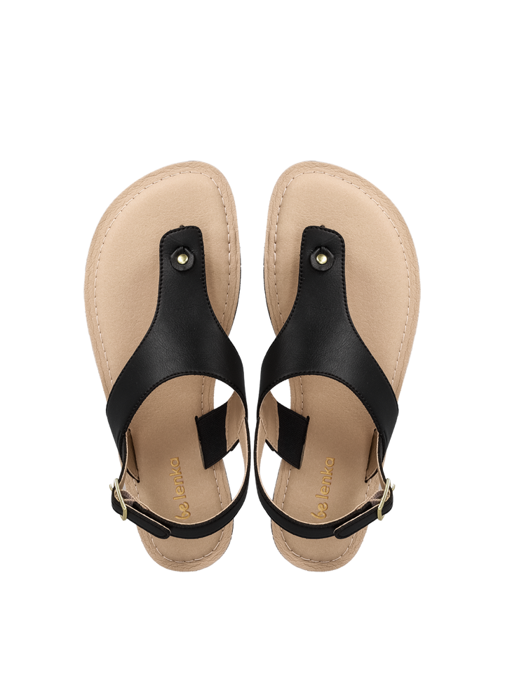 A pair of BeLenka Promenade 2.0 women's beige minimalist sandals featuring elegant black leather straps and gold buckles, viewed from above on a white background.