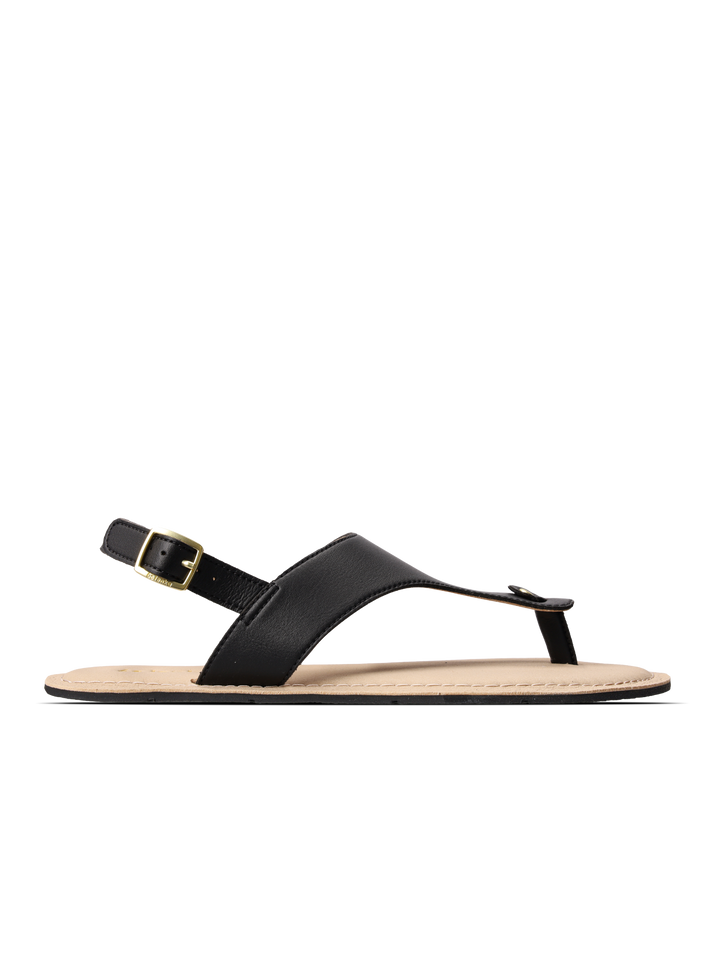 The BeLenka Promenade 2.0 (Women's) sandal is a black minimalist design featuring an elegant strap, a beige sole, and a gold buckle at the ankle, showcased in side profile against a white background.