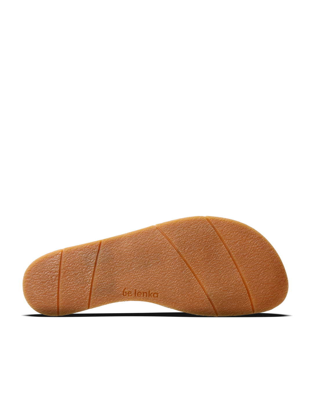 The image shows the sole of the BeLenka Promenade 2.0 (Women's) sandal, featuring textured light brown rubber with three diagonal grooves and the BeLenka brand name imprinted near the center.