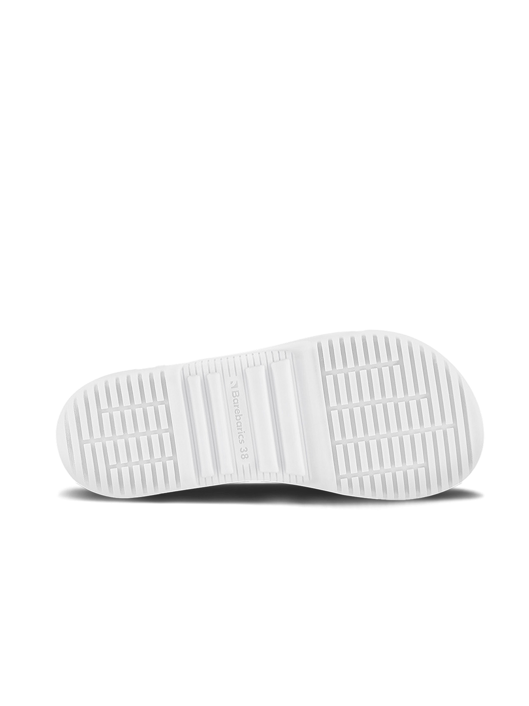 The Barebarics Revive (Men’s) shoe features a white sole with textured grip, horizontal and vertical grooves, and a central flat area with size number—designed for barefoot comfort in lightweight footwear, viewed from the bottom.