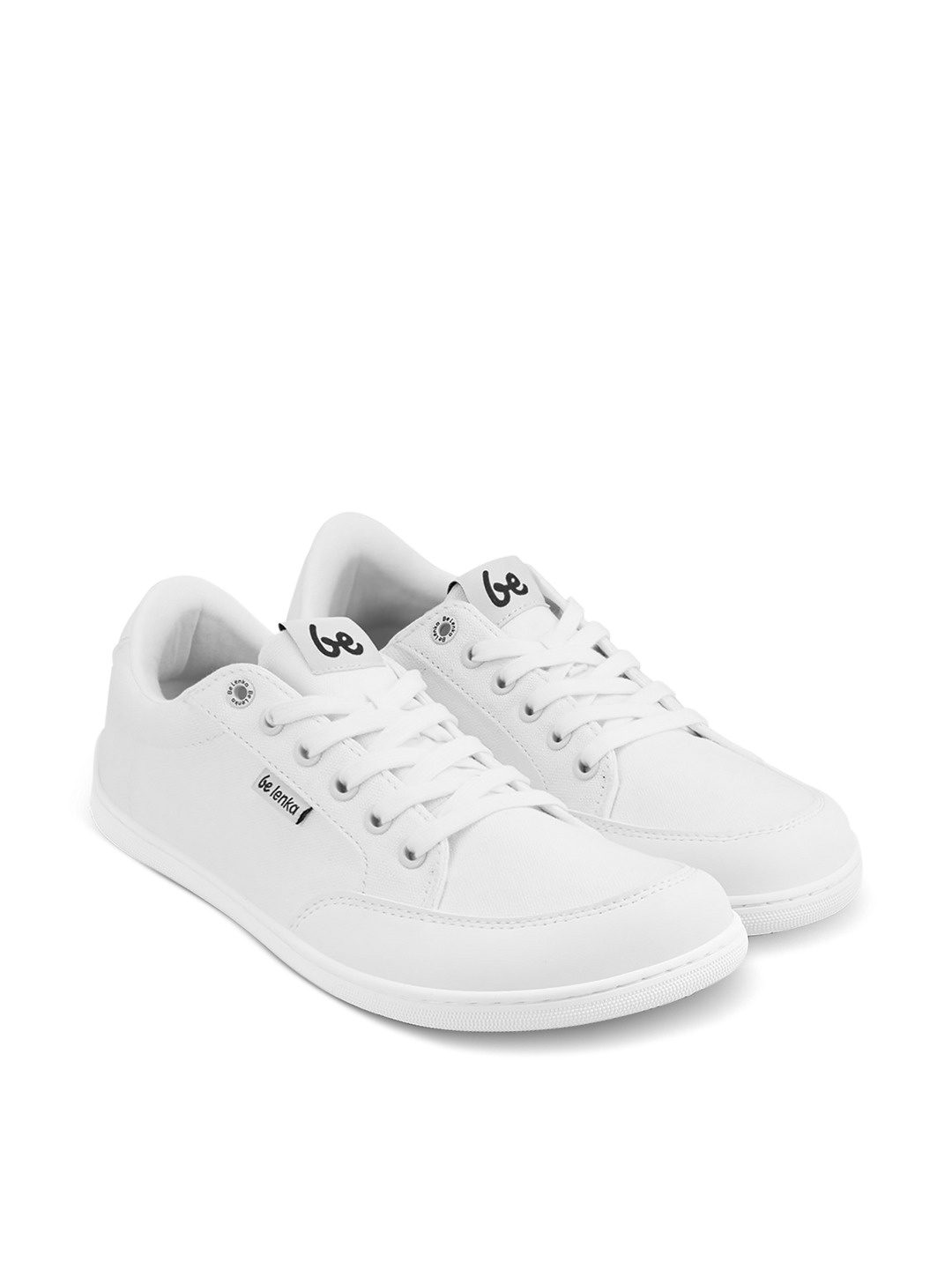 A pair of BeLenka Rebound (Unisex) clean white lace-up retro sneakers featuring a minimalist design and subtle brand logos on the tongue and side, displayed on a white background.