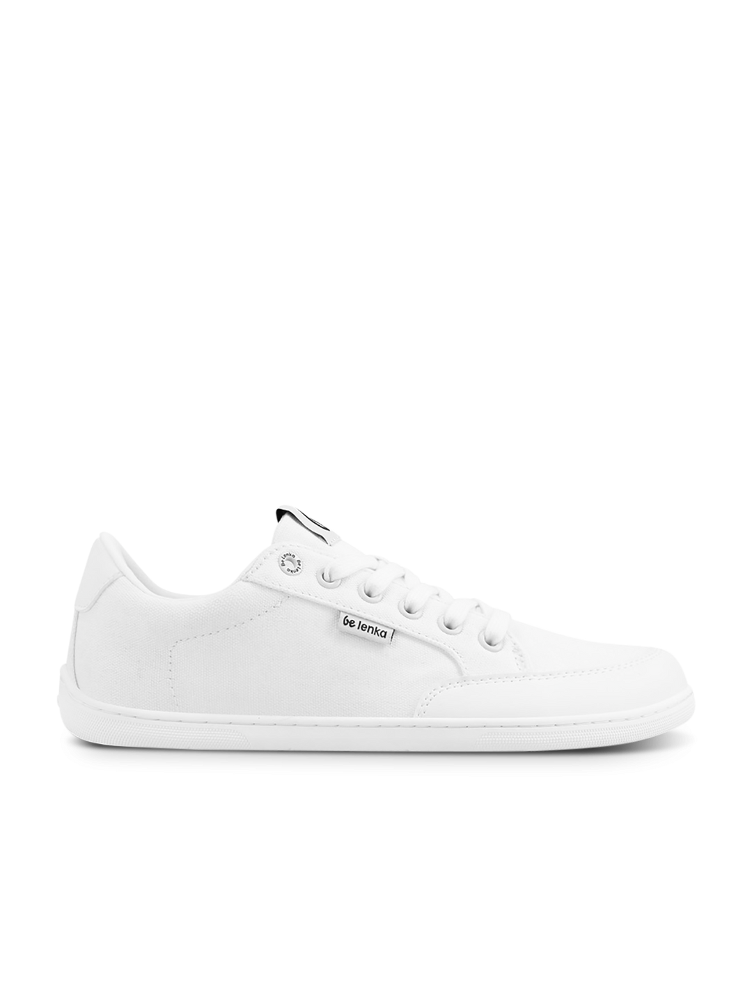 The BeLenka Rebound (Unisex) is a minimalist white sneaker with white laces, a flat sole, and a subtle side tag—lightweight and perfect for everyday style. Shown on a plain white background.