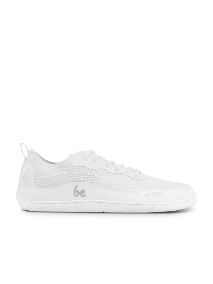The BeLenka Velocity (Unisex) is displayed in a side view against a plain white background, featuring a low-profile design with a white mesh upper, flexible sole, lace-up closure, and the BeLenka logo on the side.