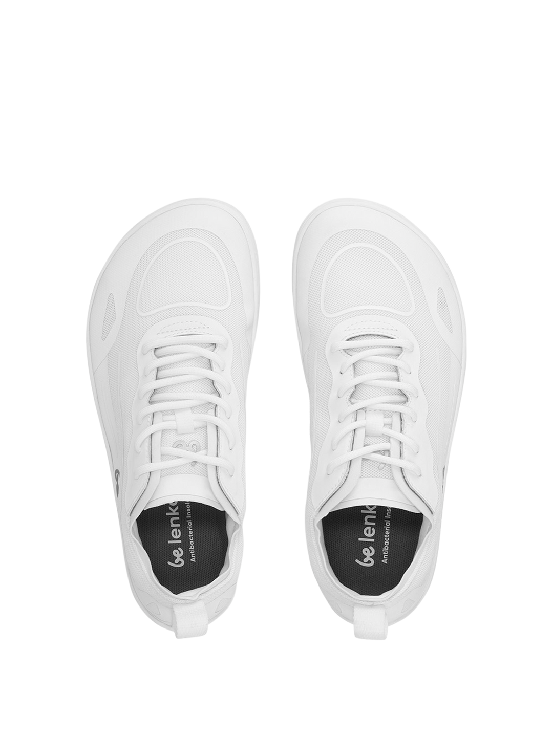 Top view of a pair of white Velocity (Unisex) athletic shoes with laces and black insoles. Positioned side by side on a white background, the insoles display the BeLenka brand name. These zero-drop trainers feature a flexible sole, delivering exceptional comfort and promoting natural movement during your workouts.