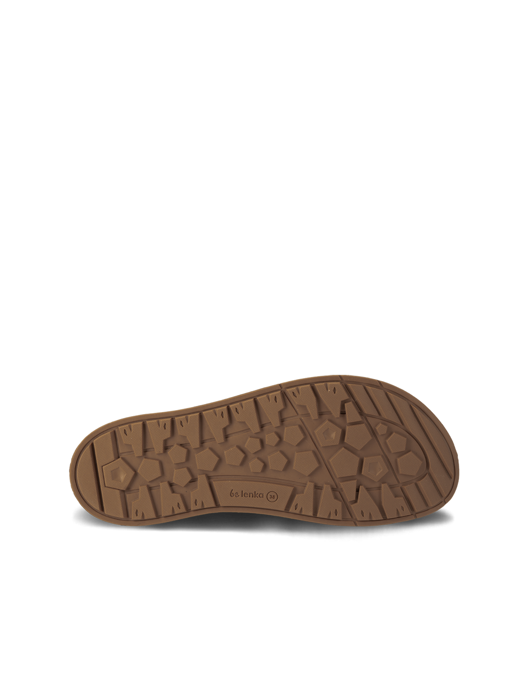 The image displays the brown ThermoGrip Neo sole of the BeLenka ArcticEdge (Unisex) shoe, featuring a textured geometric tread pattern and the BeLenka brand name embossed near the heel.