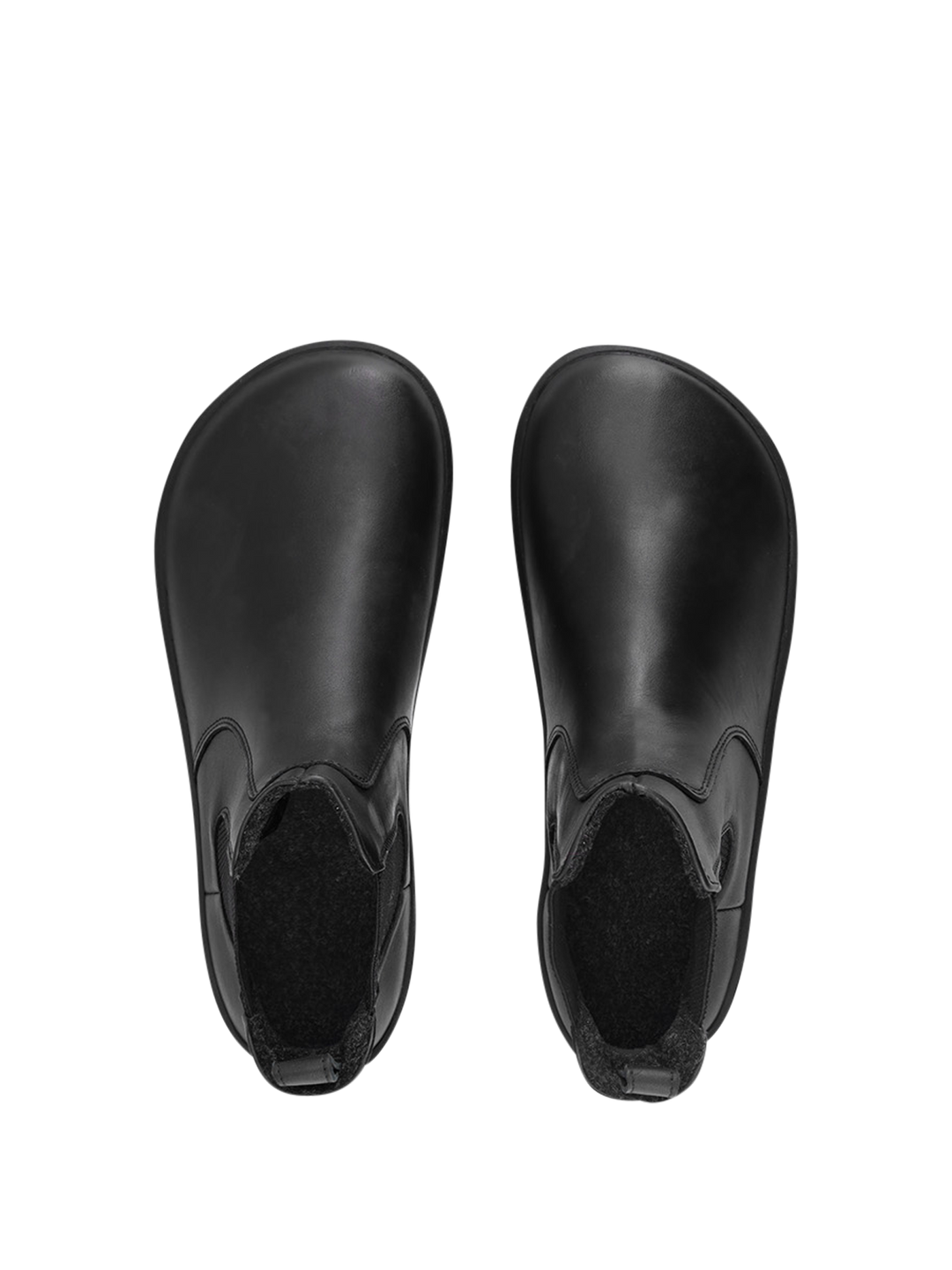 Top view of BeLenka Entice Neo (Unisex) black napa leather slip-on shoes with rounded toes and elastic side panels, displayed against a white background.