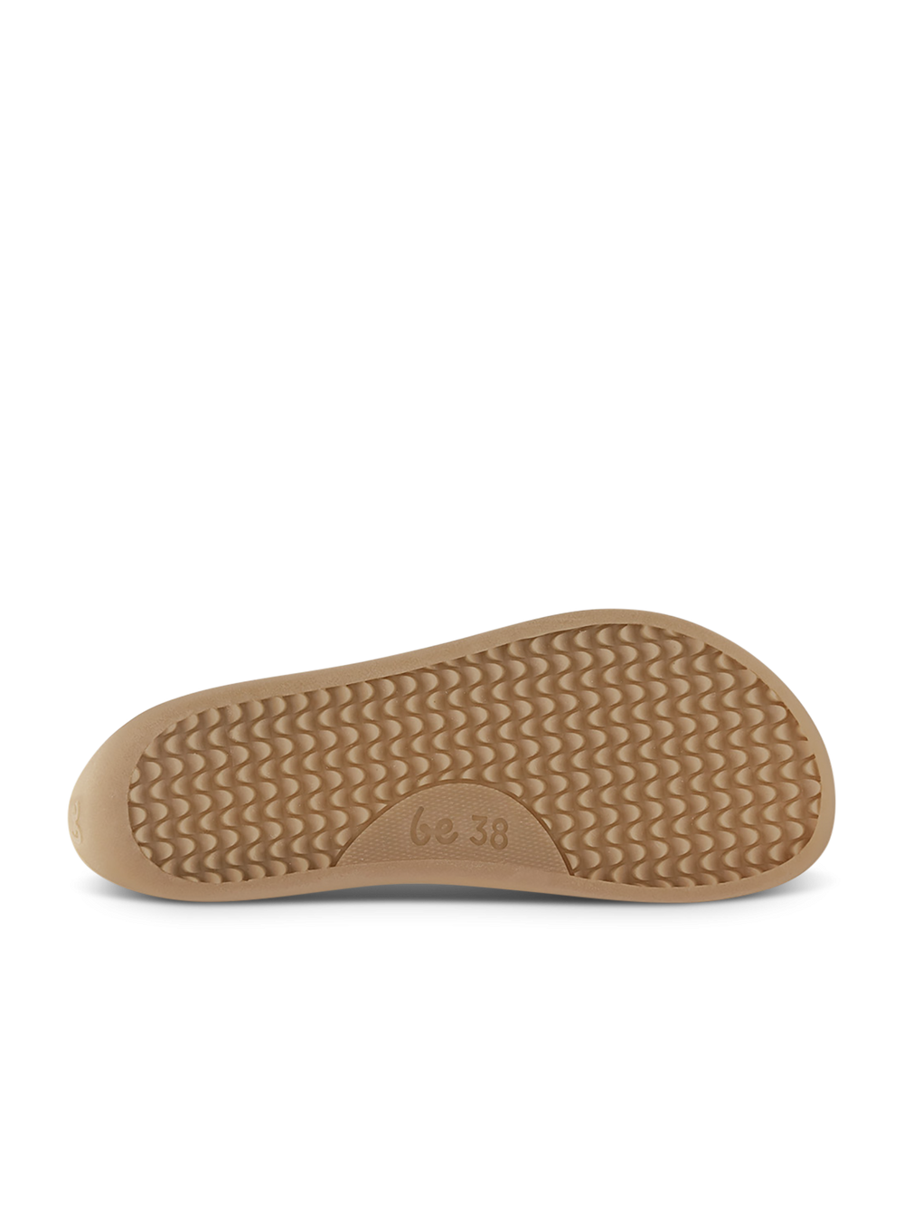 The image displays the sole of the BeLenka Entice Neo (Unisex) barefoot boot in beige, featuring a textured wavy pattern and the size marking “38” imprinted near the arch area.