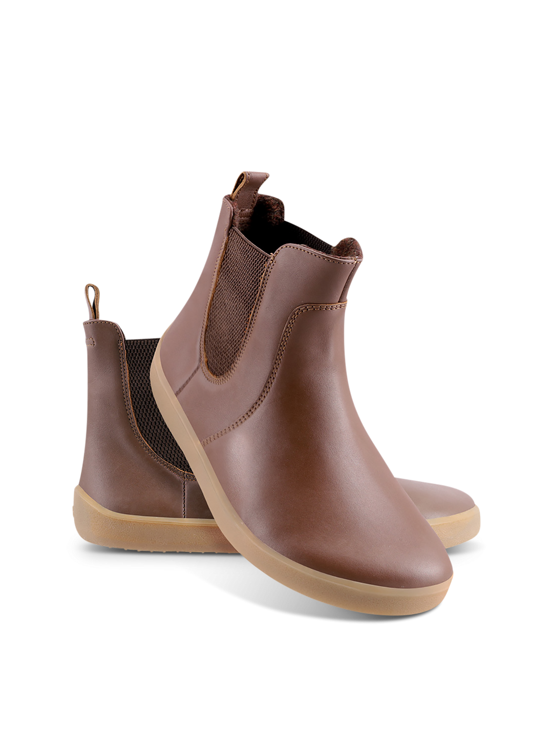 A pair of BeLenka Entice Neo (Unisex) brown slip-on ankle barefoot boots with a wide toe box, elastic side panels, and light tan rubber soles, displayed against a white background.