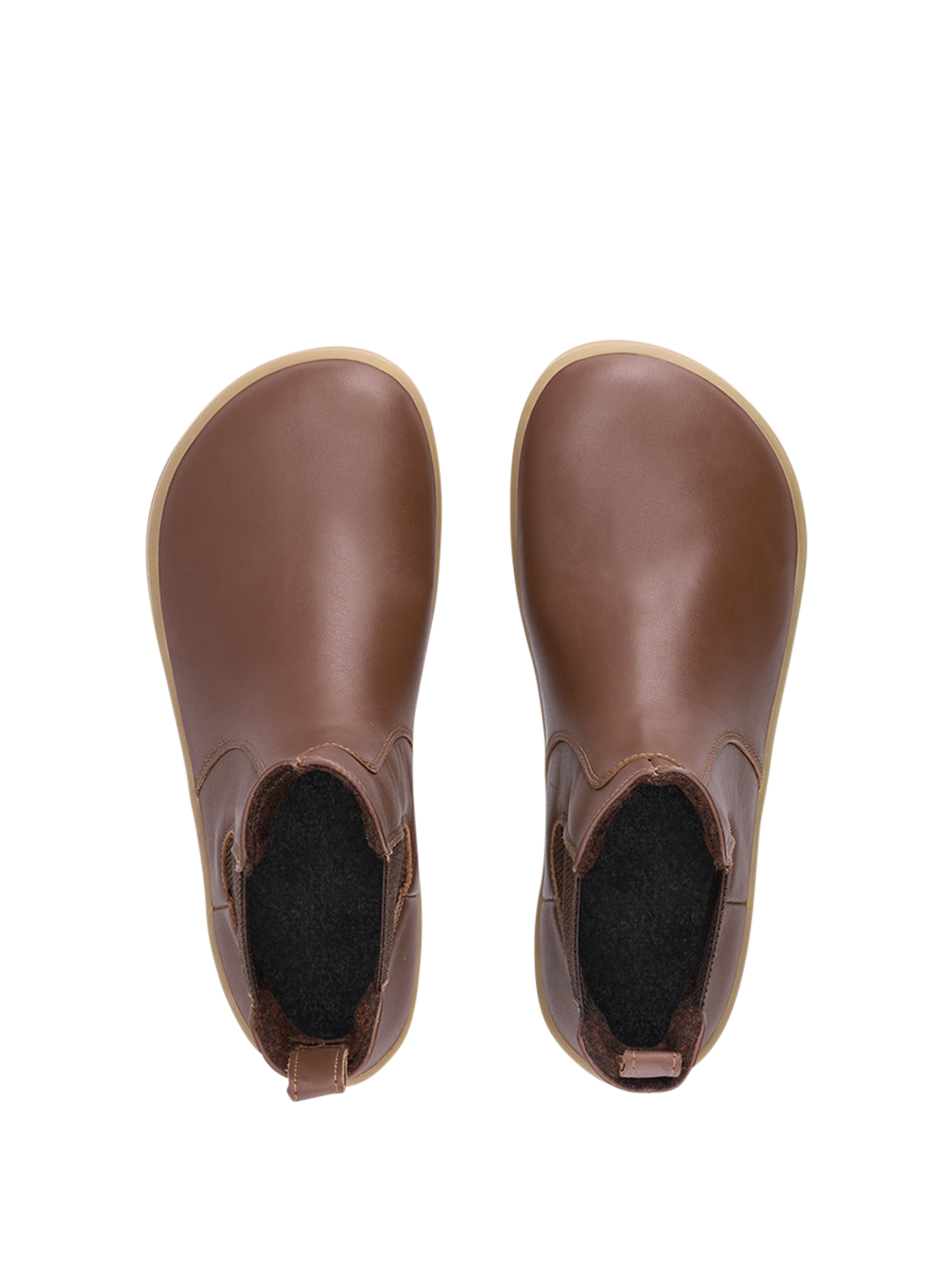 A pair of BeLenka Entice Neo (Unisex) brown slip-on barefoot boots with a wide toe box and rounded toes, featuring black inner lining and elastic side panels, shown from above on a white background.
