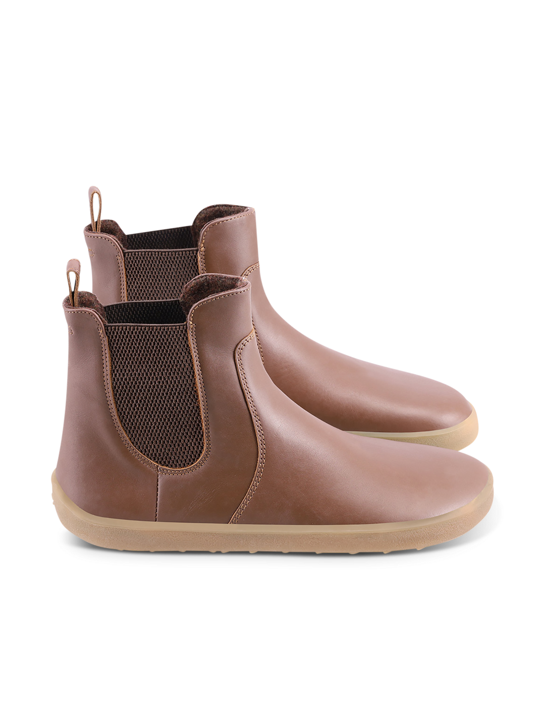 A pair of BeLenka Entice Neo (Unisex) brown Chelsea boots with a wide toe box, elastic side panels, pull tabs at the back, and light tan rubber soles, displayed on a white background.