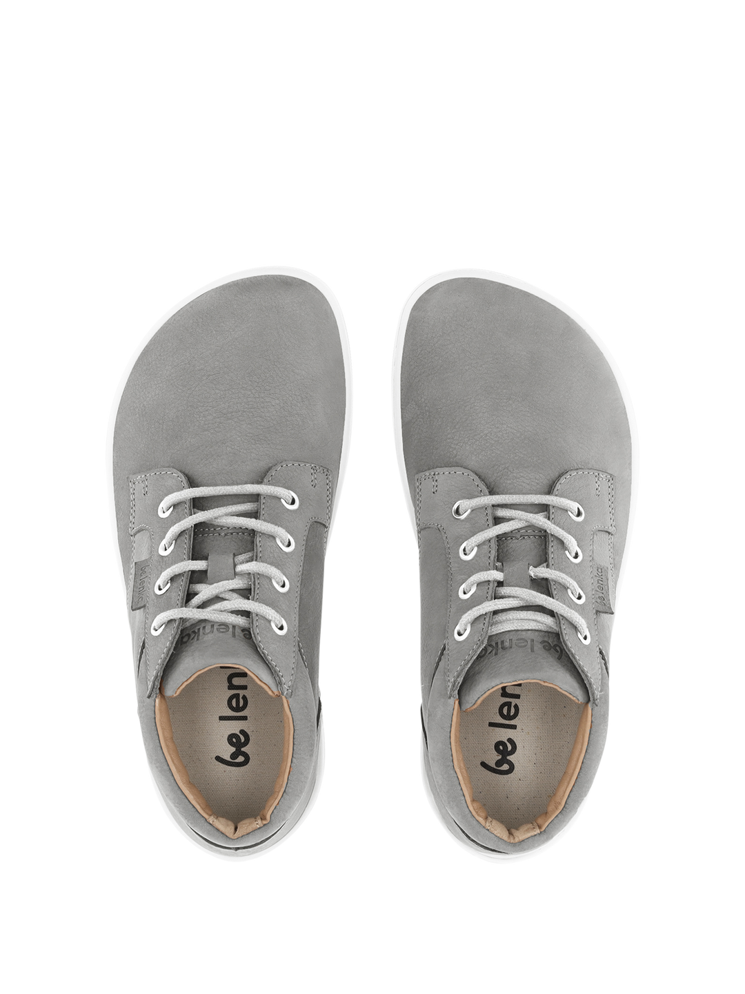 A pair of BeLenka Synergy (Unisex) gray barefoot shoes with white soles, shown from above on a white background. Black "belenka" logo on the insoles. Features a wide toe-box for natural foot movement.