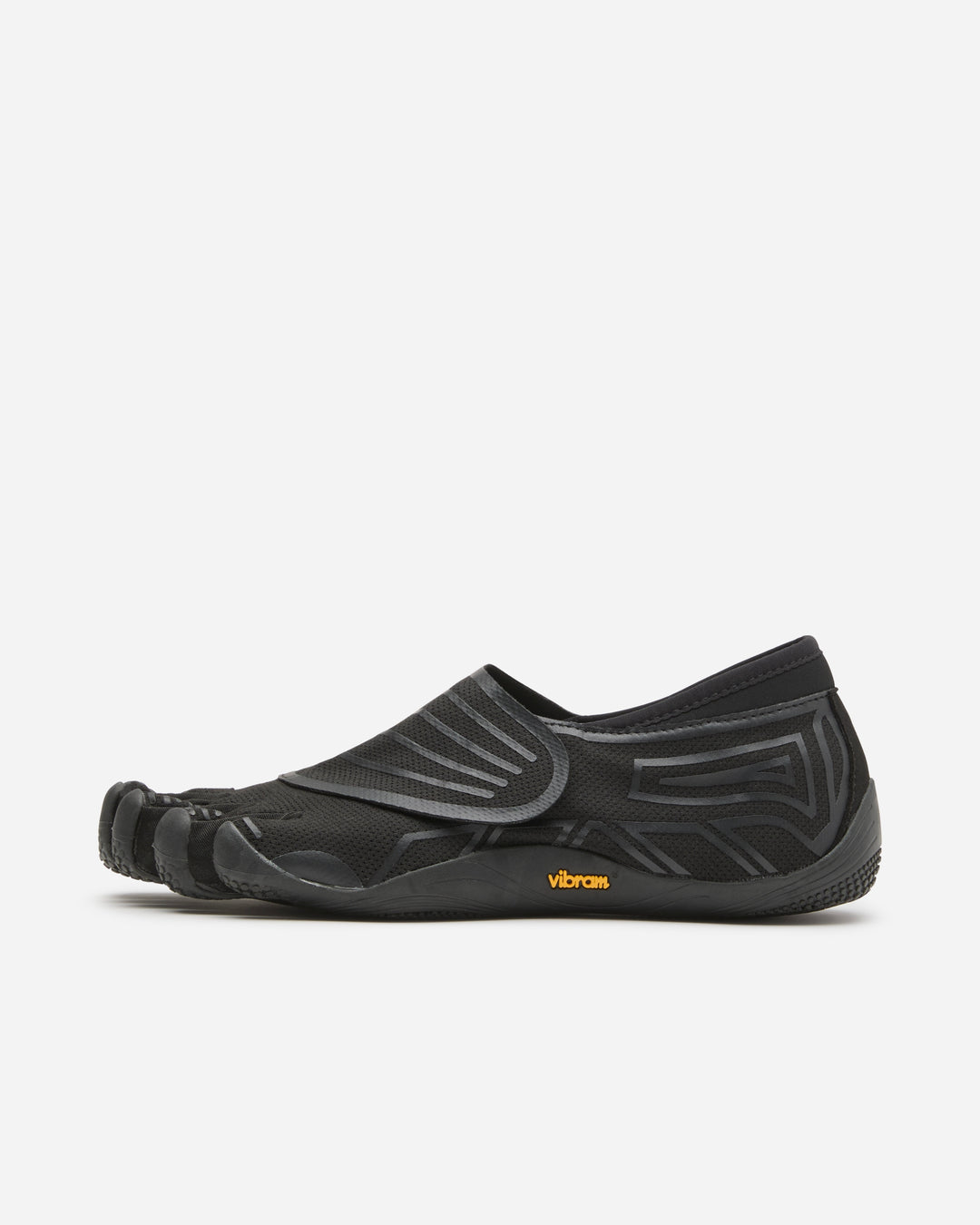 The Vibram Groundsplay (Men's) is a black minimalist shoe with individual toe compartments, a low profile, geometric accents, and a small yellow Vibram logo—perfect for strength or circuit training.