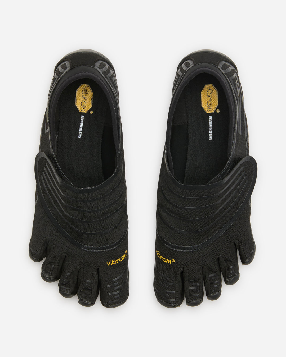 A pair of black Vibram Groundsplay (Women's) shoes with individual toe pockets, yellow branding, and textured soles—ideal for strength training—viewed from above on a white background.