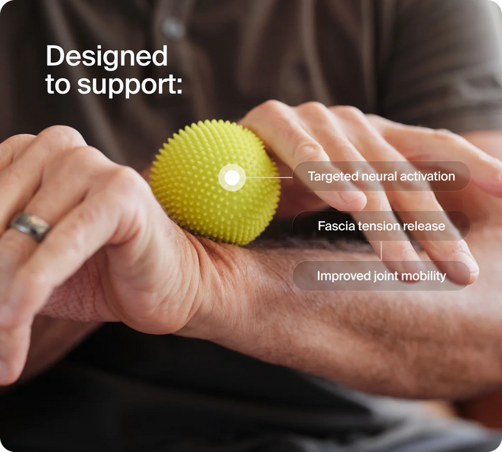 A person rolls a yellow NABOSO Neuro Ball on their forearm. Text overlays read: Designed to support targeted neural activation, fascia tension release, and improved joint mobility.