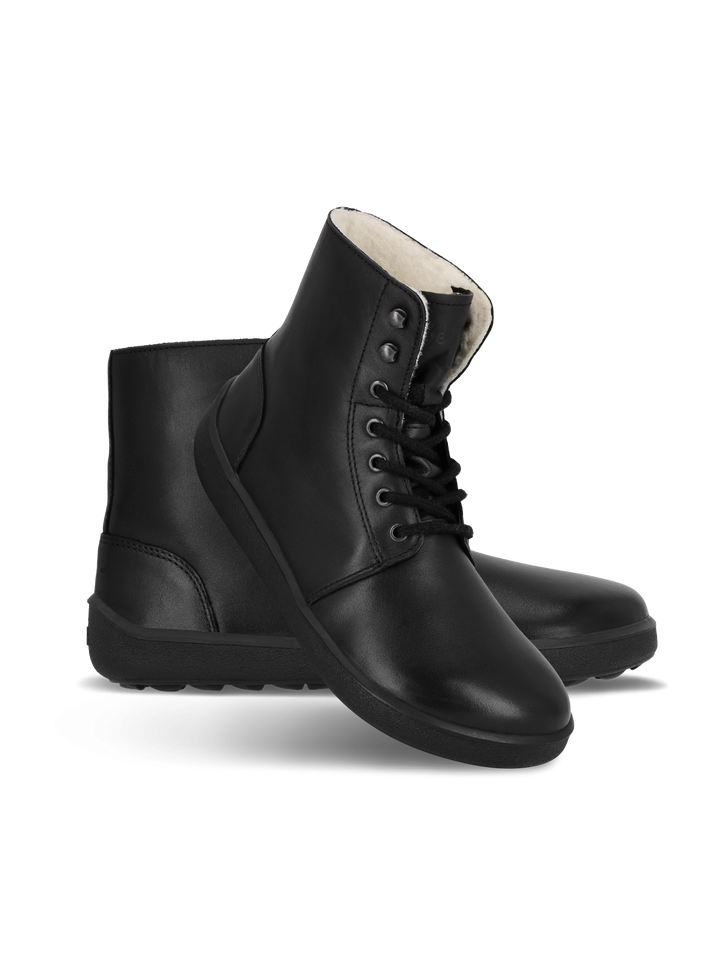 BeLenka Winter 3.0 (Unisex) black lace-up ankle boots with a textured sole and Merino wool lining, designed in the barefoot shoe style, shown against a plain white background.