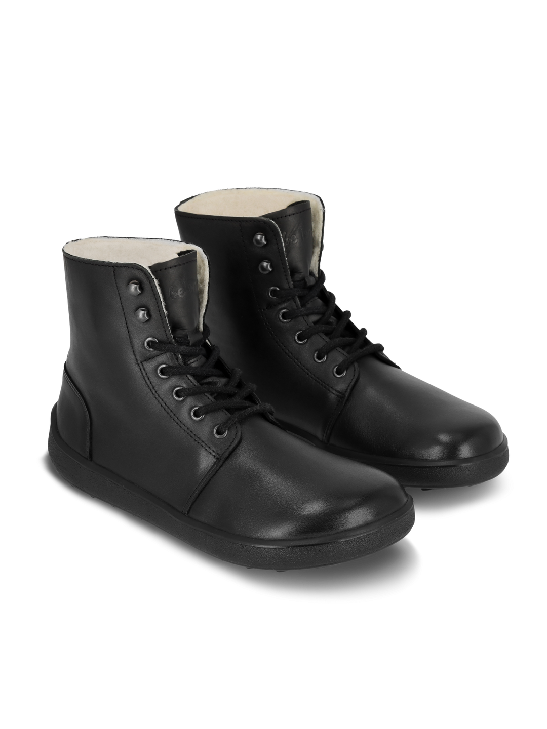 The BeLenka Winter 3.0 (Unisex) are black lace-up leather barefoot boots with black soles, a slight sheen, and a light Merino wool lining for comfort, shown on a light background.