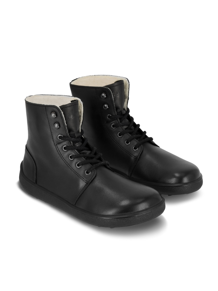 The BeLenka Winter 3.0 (Unisex) are black lace-up leather barefoot boots with black soles, a slight sheen, and a light Merino wool lining for comfort, shown on a light background.