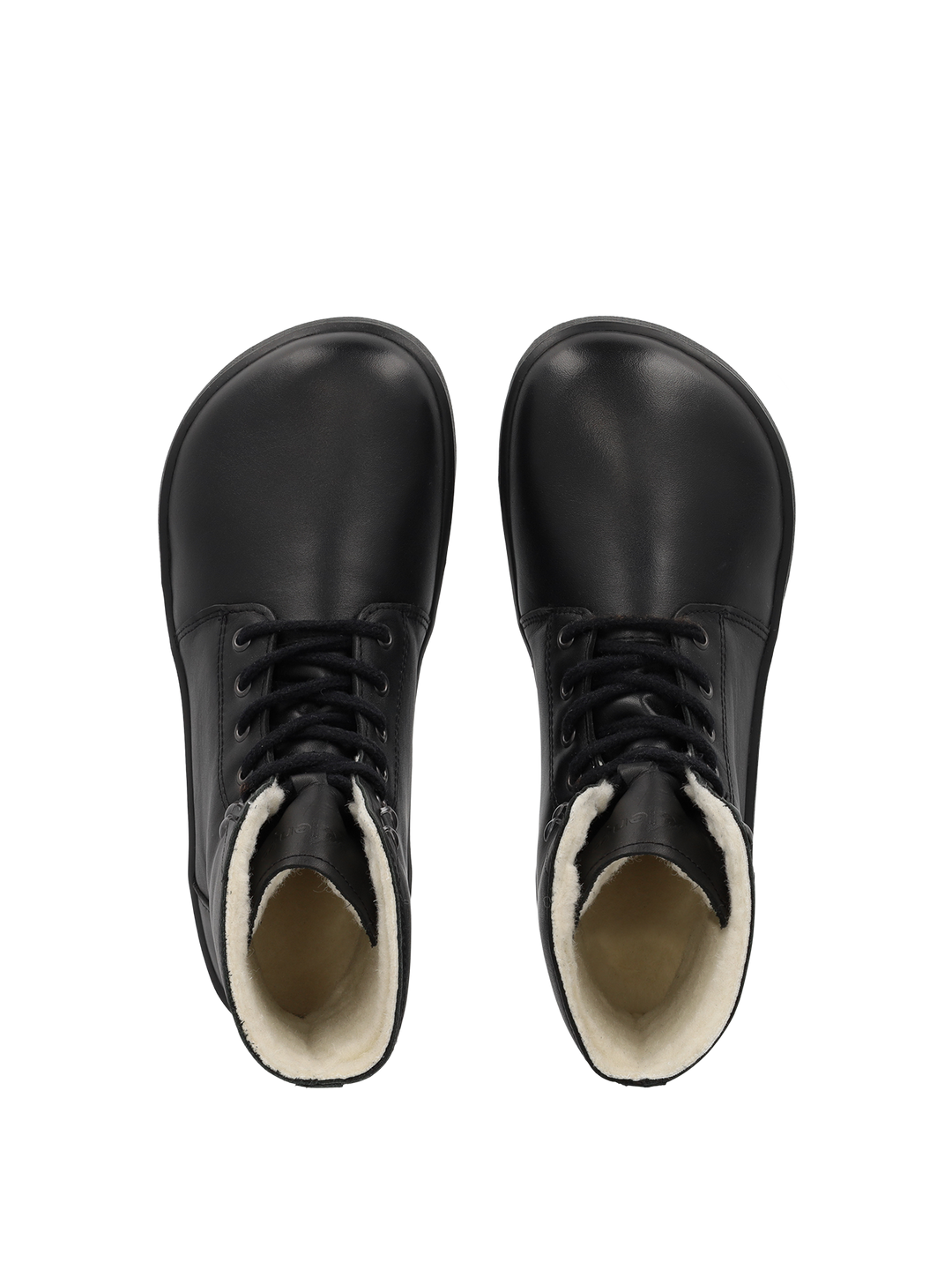 Top view of BeLenka Winter 3.0 (Unisex) black lace-up barefoot shoes with rounded toes and warm Merino wool lining, shown side by side on a white background.