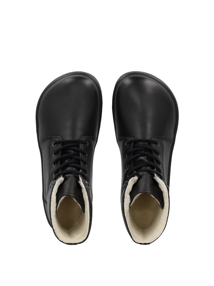 Top view of BeLenka Winter 3.0 (Unisex) black lace-up barefoot shoes with rounded toes and warm Merino wool lining, shown side by side on a white background.