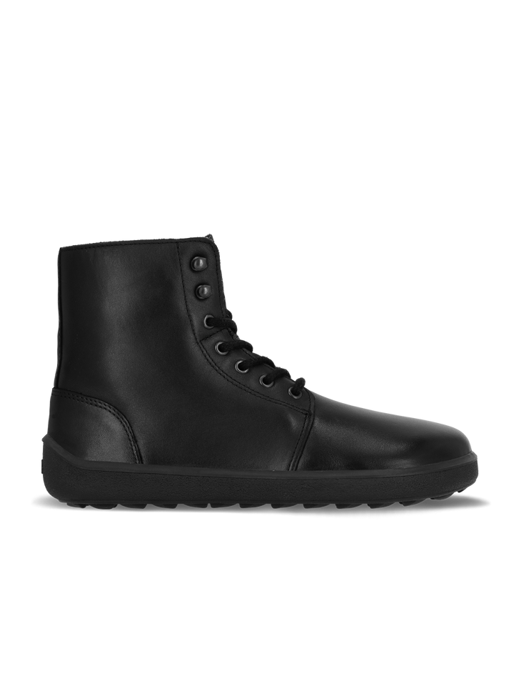 The BeLenka Winter 3.0 (Unisex) is a black leather lace-up barefoot boot with a matte finish, black sole, and six eyelets, shown in a side view against a plain white background.