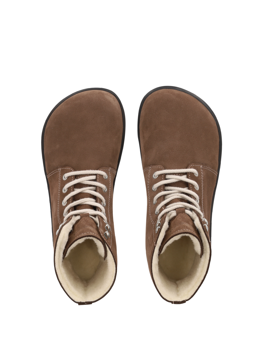 A pair of BeLenka Winter 3.0 (Unisex) brown suede lace-up barefoot shoes with white laces and cream Merino wool lining, shown from above on a white background.
