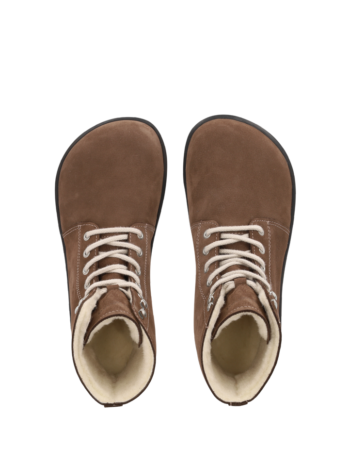 A pair of BeLenka Winter 3.0 (Unisex) brown suede lace-up barefoot shoes with white laces and cream Merino wool lining, shown from above on a white background.
