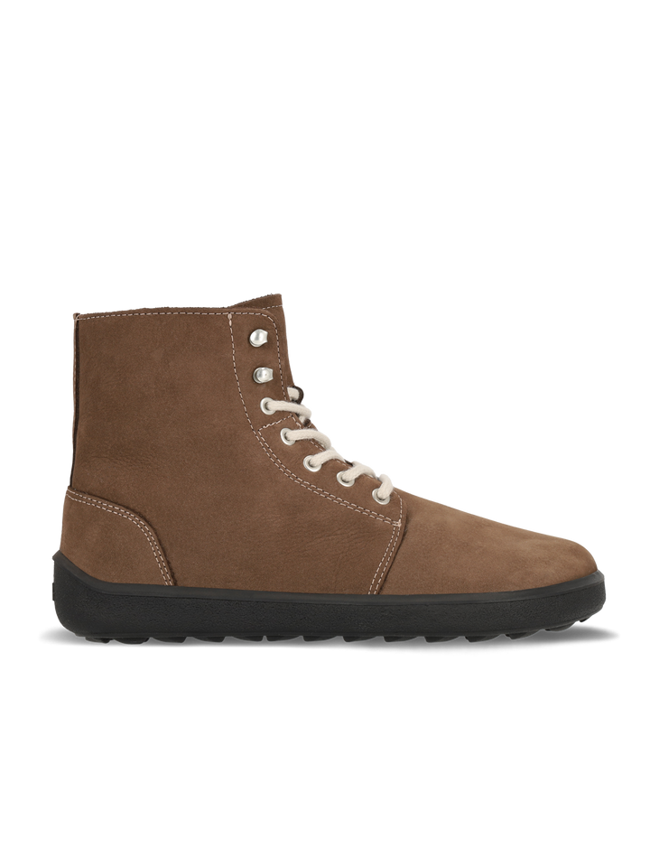 The BeLenka Winter 3.0 (Unisex) is a brown suede lace-up ankle boot with white stitching, white laces, and a black rubber sole featuring zero drop design, shown in side profile on a plain white background.