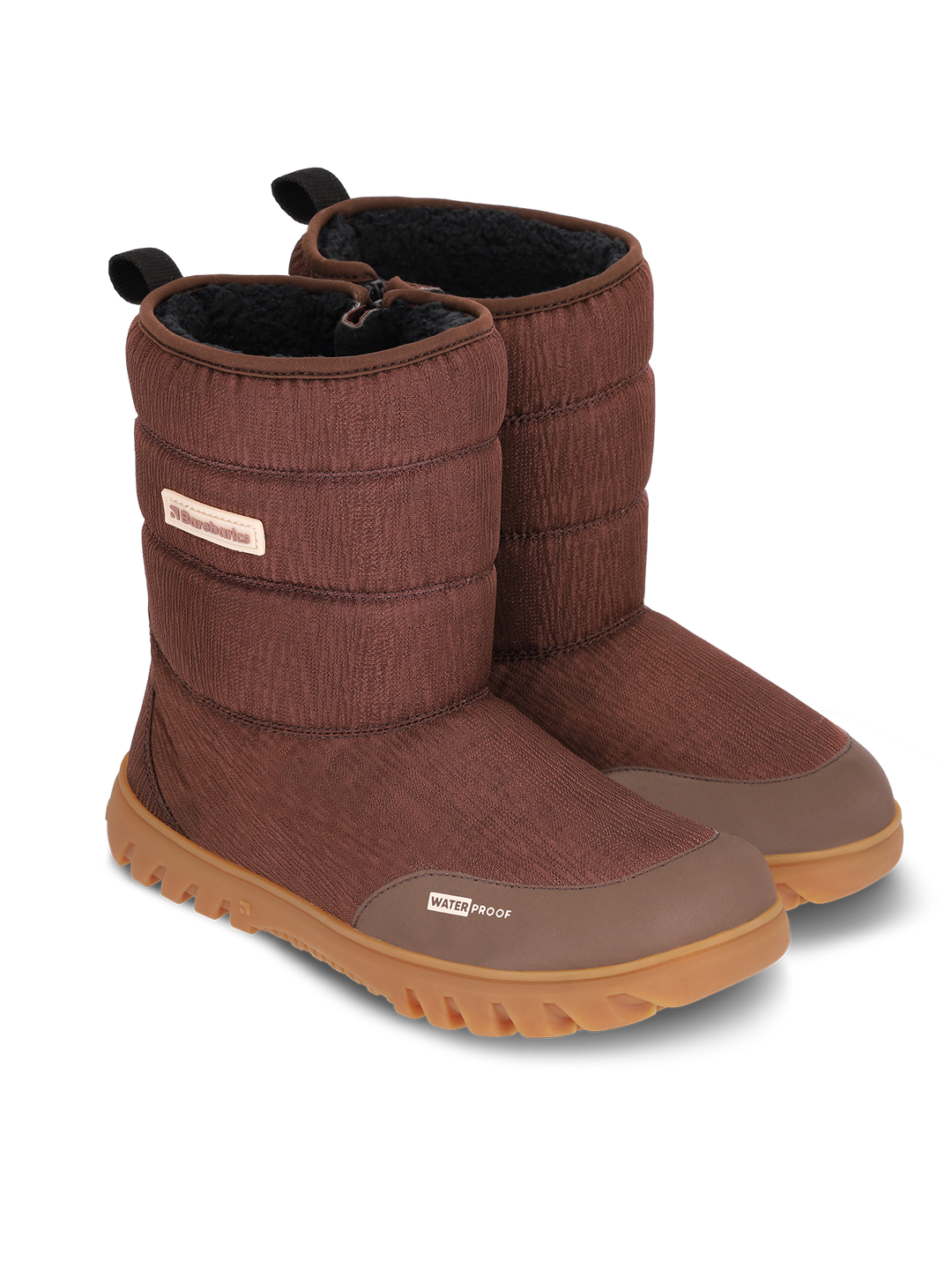 The Barebarics Polarstride (Women's) boots are brown, mid-calf winter footwear with Primaloft lining, waterproof membrane, textured uppers, rubber soles, and black inner lining, displayed on a plain white background.