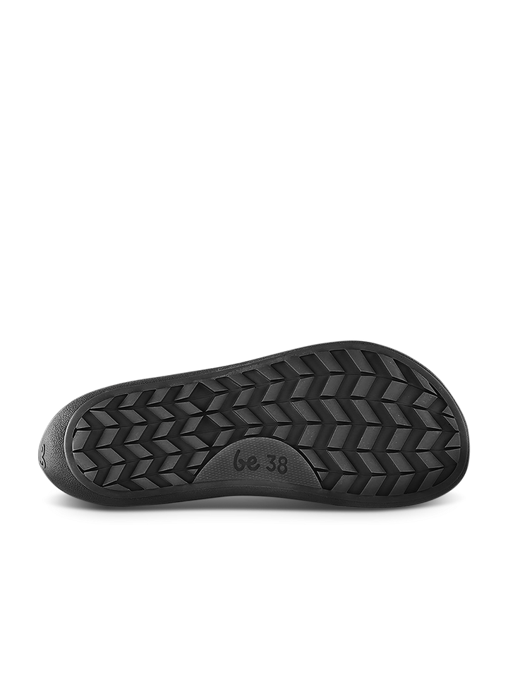 The BeLenka Winter 3.0 (Unisex) features a black sole with a textured zigzag tread and zero drop design. Size 38 is marked at the center, and the barefoot shoe sole is shown bottom-up on a white background.